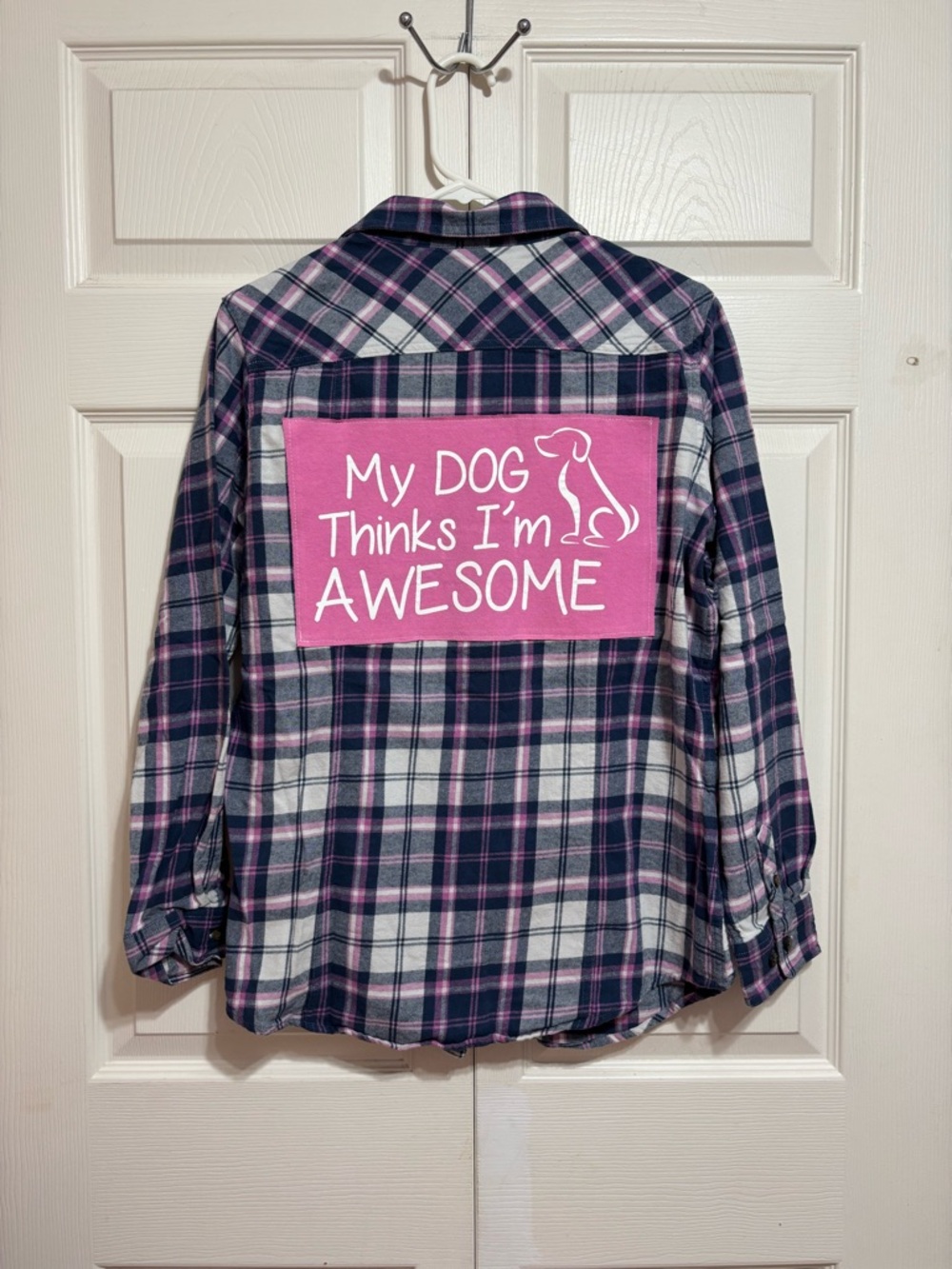 Pink & Navy Plaid Button-Down Shirt with 'My Dog Thinks I'm Awesome' Back Patch